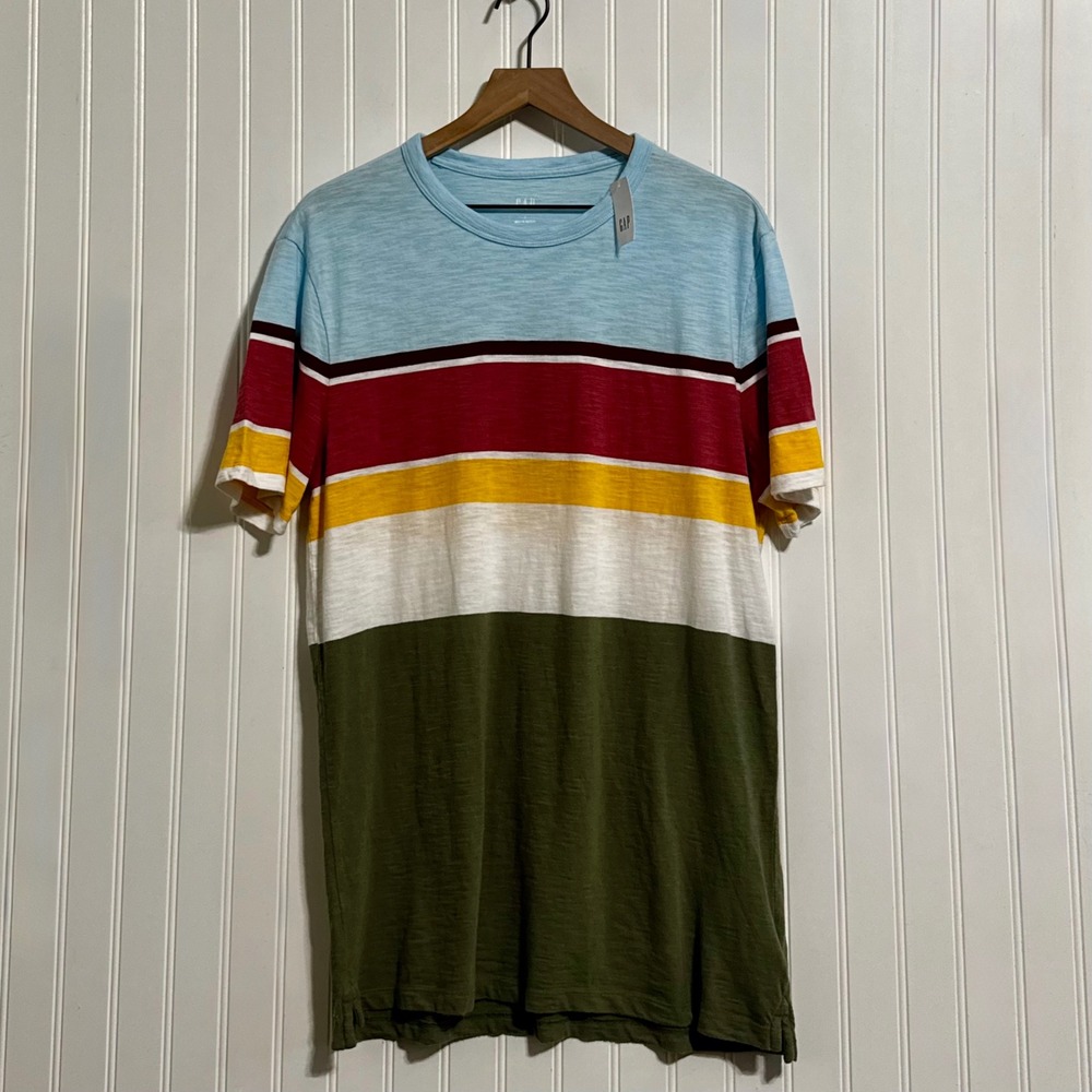 GAP Mens L T-Shirt NWT Cotton Colorblock Striped Retro Skater Blue Green